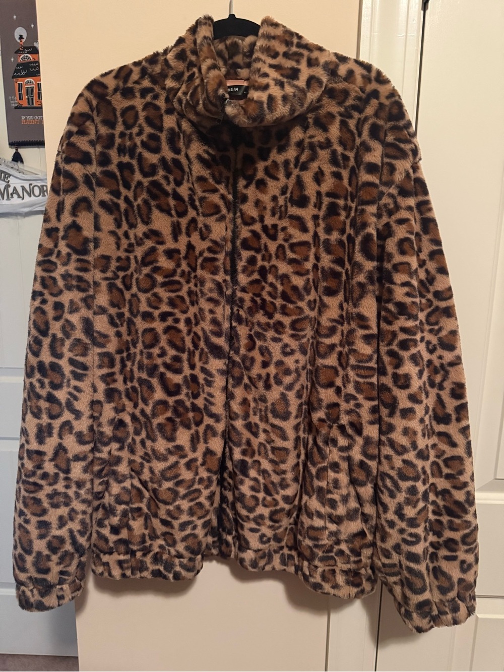 SHEIN Unity leopard print jacket soft faux fur with a zip-up front